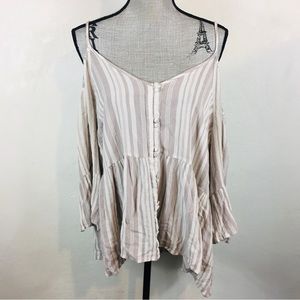 Torrid Plus Size 2X Off The Shoulder Top Striped Ruffle Bell Sleeve Gray White